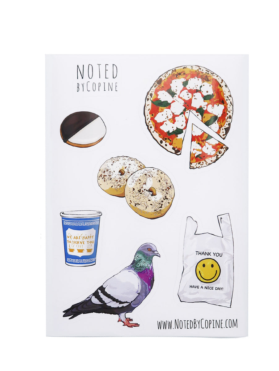 New York Sticker Sheet - Pigeon, Bagel, Pizza, Coffee Cup, Black ...
